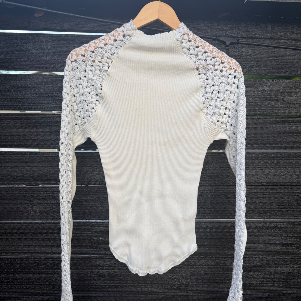 Free‎ People Womens Large Clemente Mock Neck Top Ivory Ribbed Crochet Lace Boho